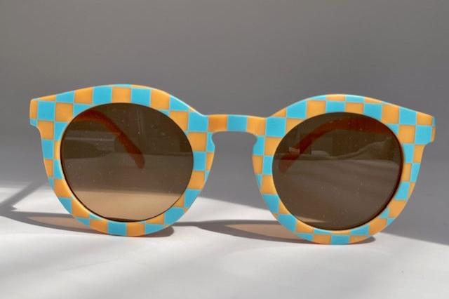 Olive James. Sunglasses Tangerine and Blue Checkers Sweetie sunglasses for kids